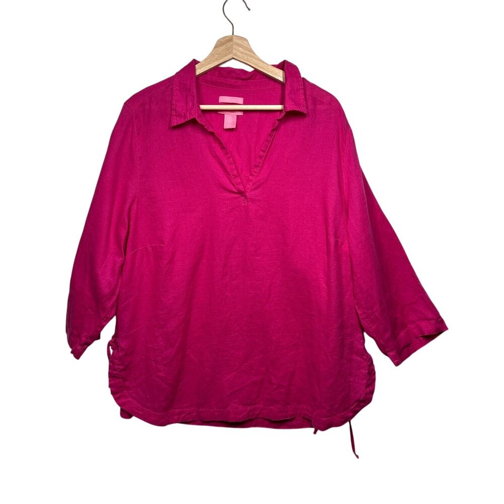 Isaac Mizrahi Linen Blouse Top Pink Sz 1X 3/4 Sleeves V-Neck Collar Lightweight